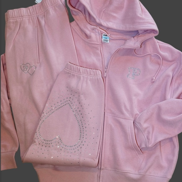 PINK Victoria's Secret Tops - NEW VICTORIAS SECRET PINK BLING FULL ZIP HOODIE + JOGGERS RHINESTONE 2PC SET